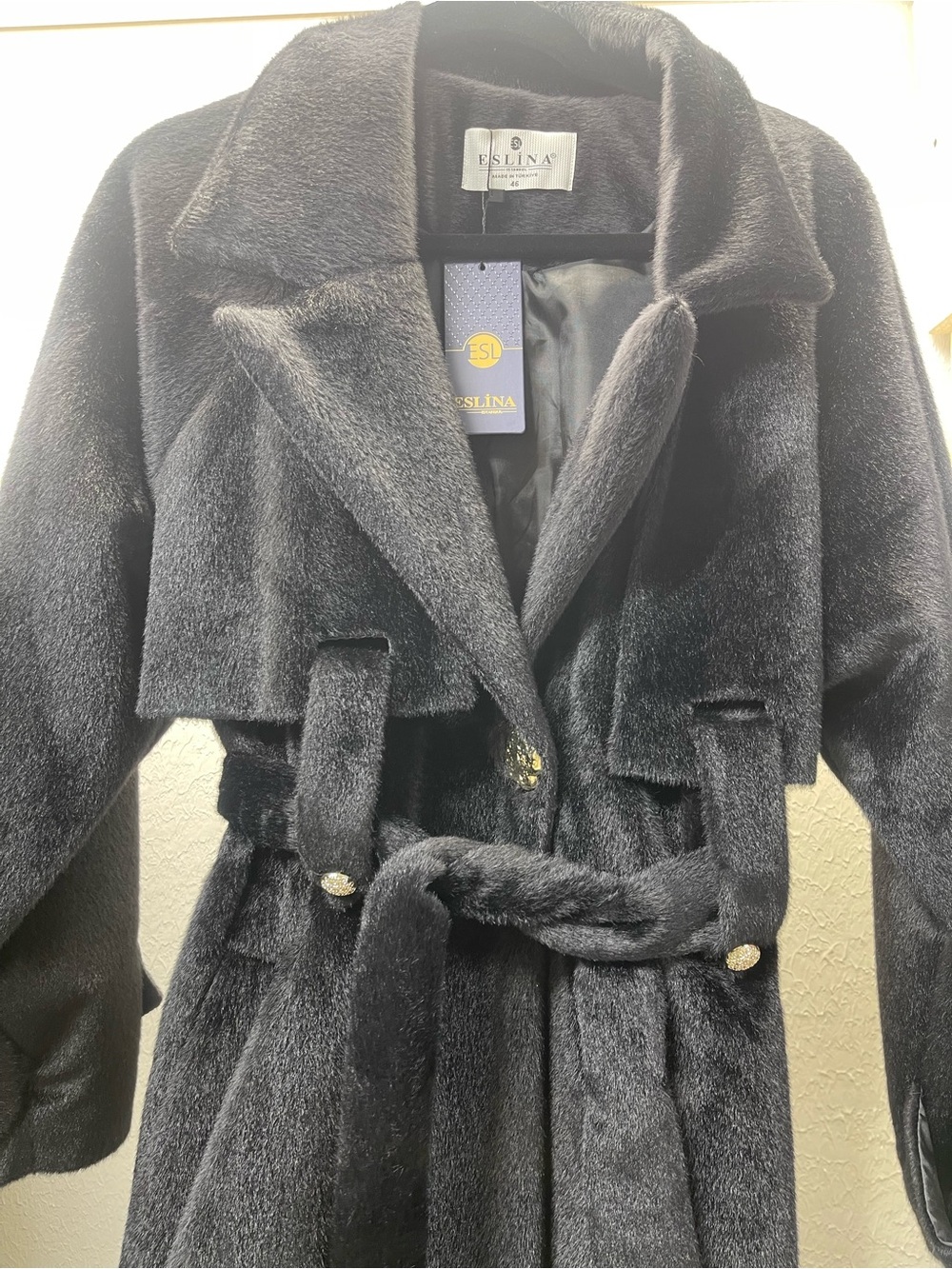 Black Faux Fur Belted Long Coat